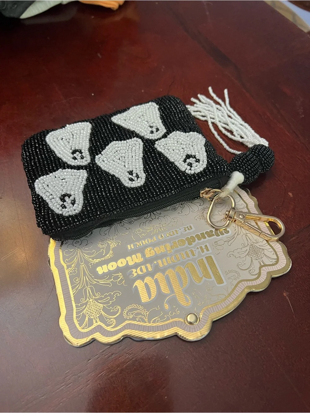 Wandering Moon Beaded Wallet - Black with White Ghosts